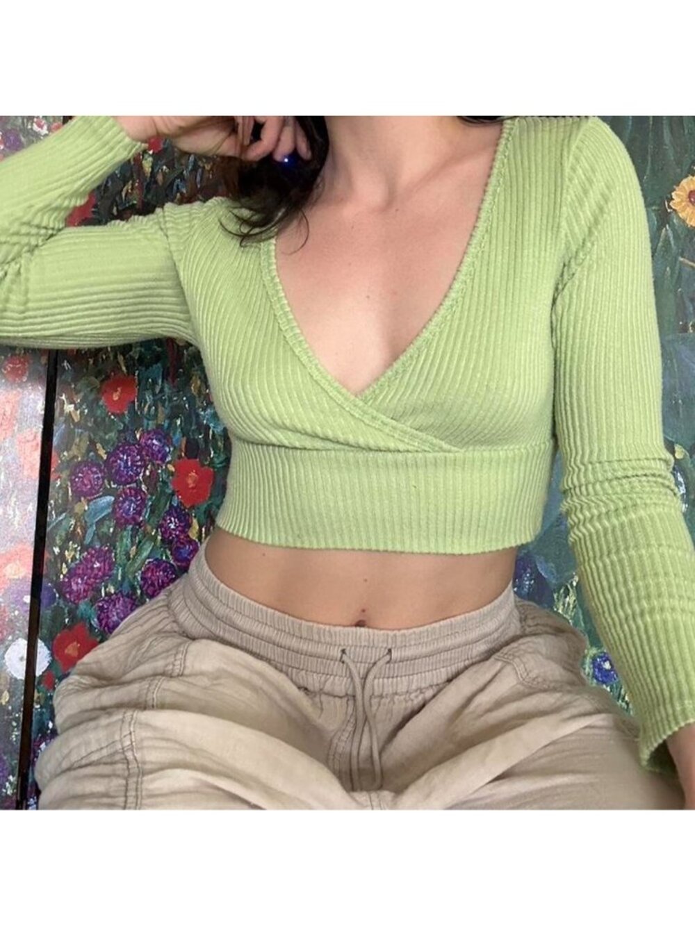 Green ribbed v neck faux wrap long sleeve crop top